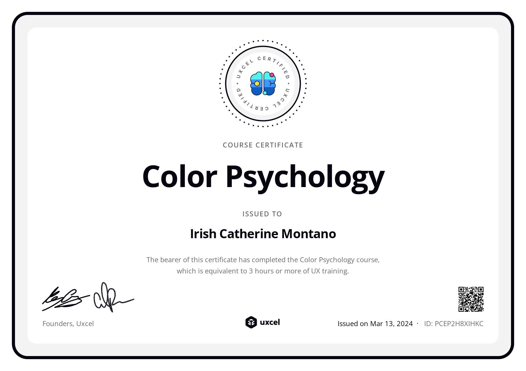 Irish Catherine Montano's certificate